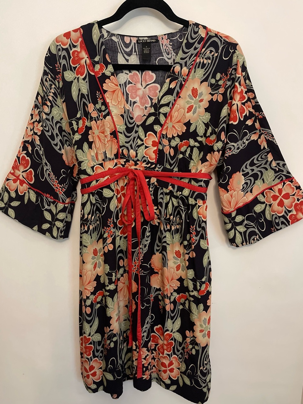 Lucky Brand Retro Floral v Neck Dress Kimono Sleeves Sash Tie Size Small